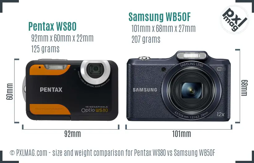 Pentax WS80 vs Samsung WB50F size comparison