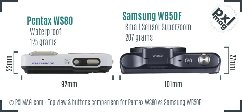 Pentax WS80 vs Samsung WB50F top view buttons comparison