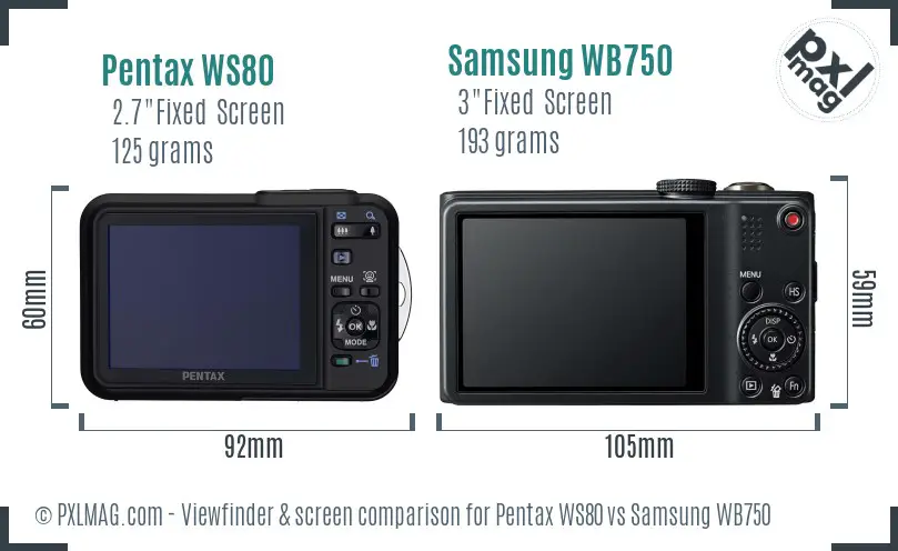 Pentax WS80 vs Samsung WB750 Screen and Viewfinder comparison
