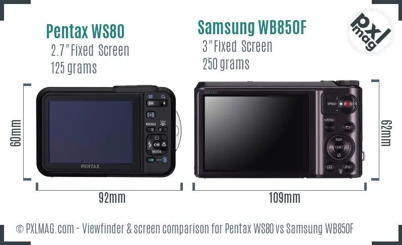 Pentax WS80 vs Samsung WB850F Screen and Viewfinder comparison