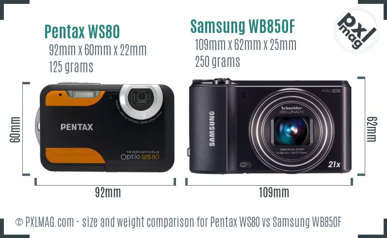 Pentax WS80 vs Samsung WB850F size comparison