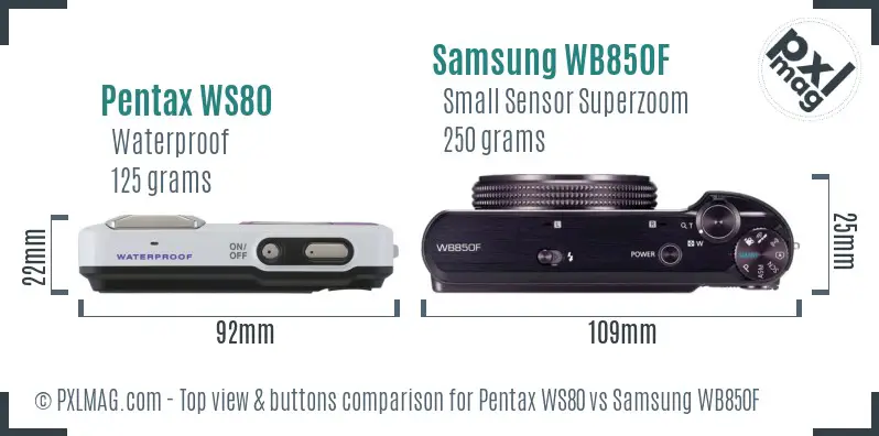 Pentax WS80 vs Samsung WB850F top view buttons comparison