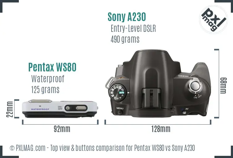 Pentax WS80 vs Sony A230 top view buttons comparison