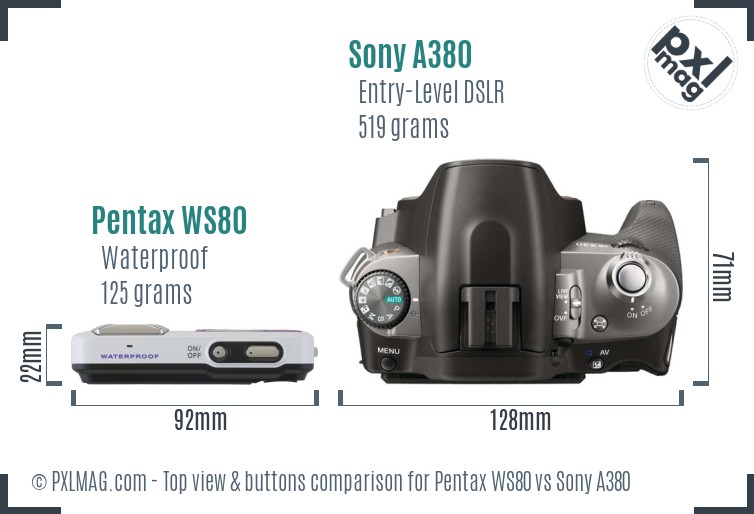Pentax WS80 vs Sony A380 top view buttons comparison
