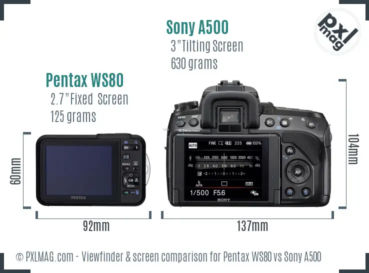 Pentax WS80 vs Sony A500 Screen and Viewfinder comparison