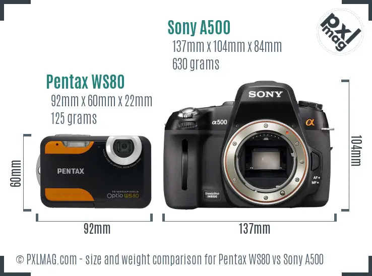 Pentax WS80 vs Sony A500 size comparison