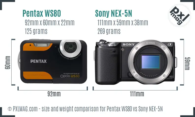 Pentax WS80 vs Sony NEX-5N size comparison