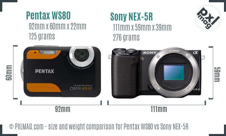 Pentax WS80 vs Sony NEX-5R size comparison