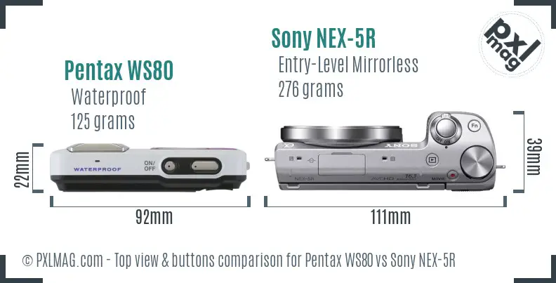 Pentax WS80 vs Sony NEX-5R top view buttons comparison
