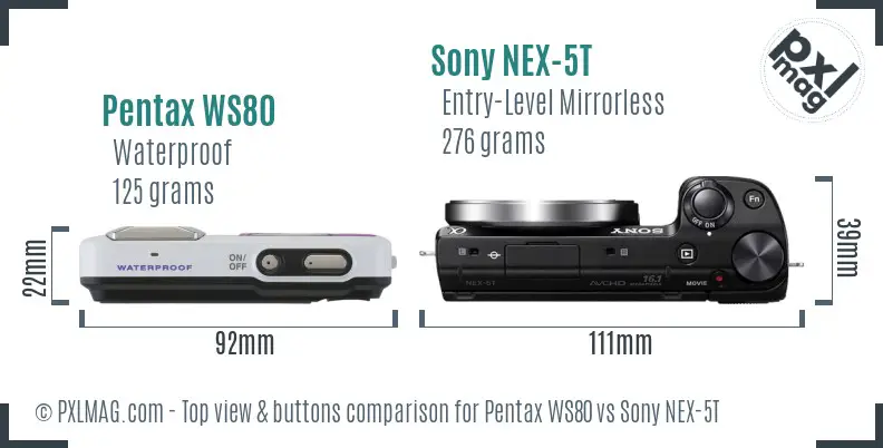 Pentax WS80 vs Sony NEX-5T top view buttons comparison Pentax WS80 vs Sony NEX-5T top view buttons comparison