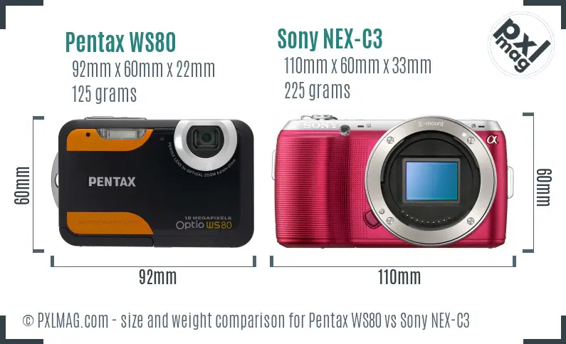 Pentax WS80 vs Sony NEX-C3 size comparison