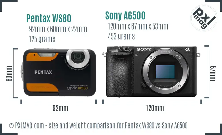 Pentax WS80 vs Sony A6500 size comparison