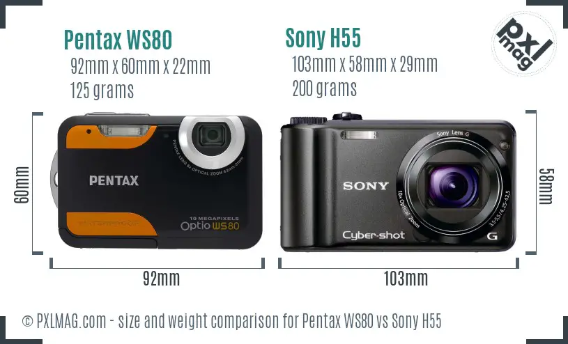 Pentax WS80 vs Sony H55 size comparison