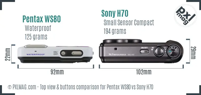Pentax WS80 vs Sony H70 top view buttons comparison Pentax WS80 vs Sony H70 top view buttons comparison