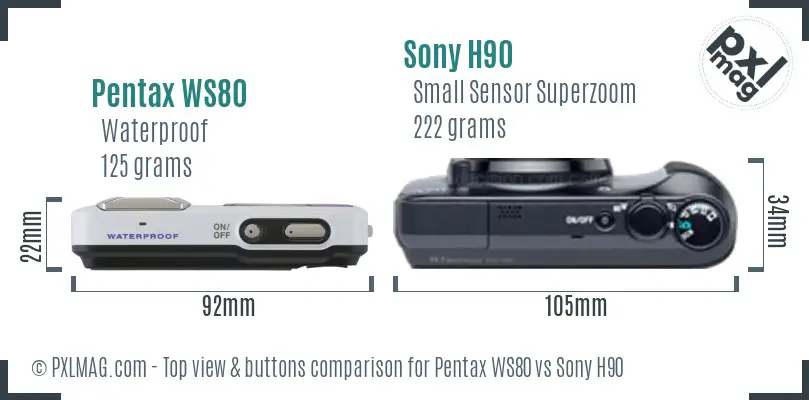 Pentax WS80 vs Sony H90 top view buttons comparison Pentax WS80 vs Sony H90 top view buttons comparison