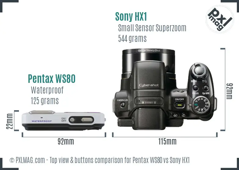 Pentax WS80 vs Sony HX1 top view buttons comparison