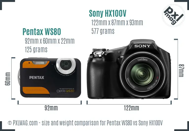 Pentax WS80 vs Sony HX100V size comparison