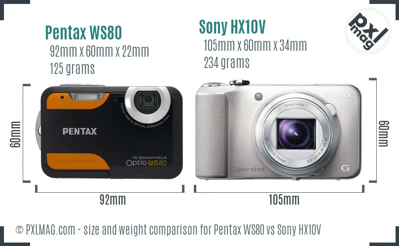 Pentax WS80 vs Sony HX10V size comparison