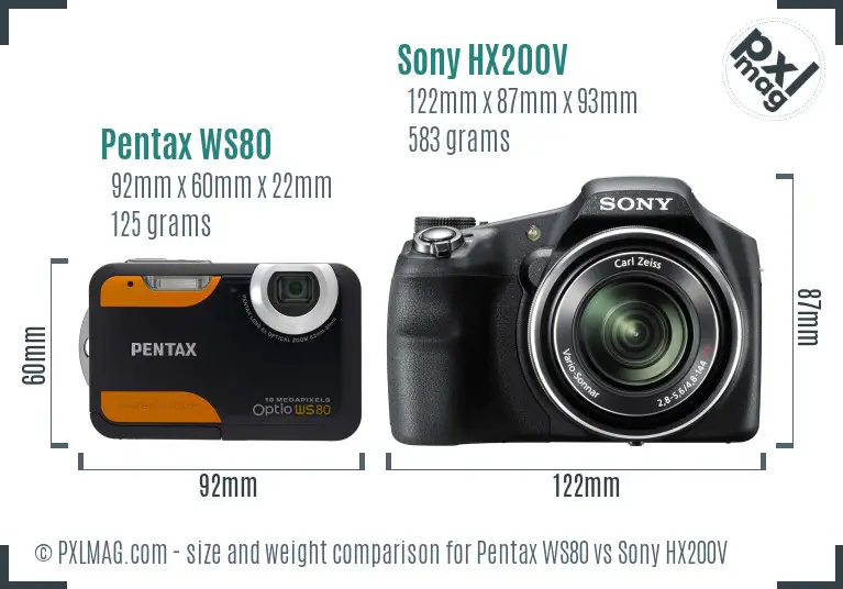 Pentax WS80 vs Sony HX200V size comparison