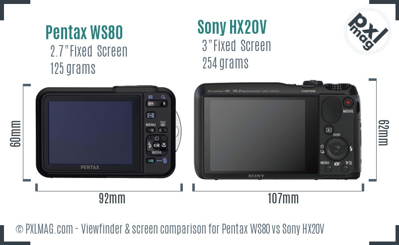 Pentax WS80 vs Sony HX20V Screen and Viewfinder comparison