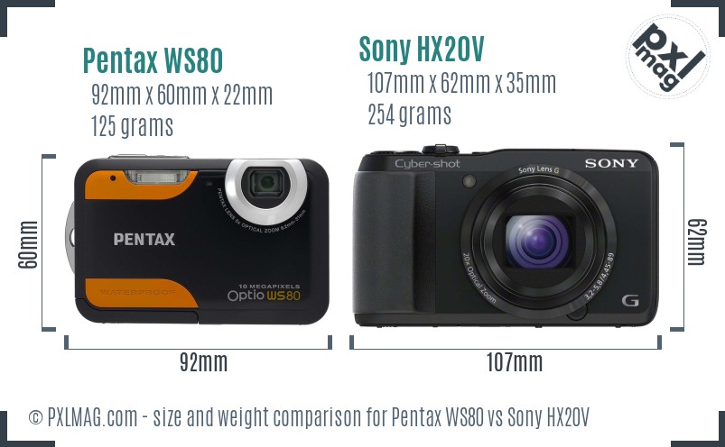 Pentax WS80 vs Sony HX20V size comparison