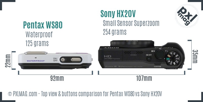 Pentax WS80 vs Sony HX20V top view buttons comparison