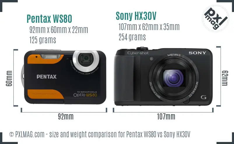 Pentax WS80 vs Sony HX30V size comparison