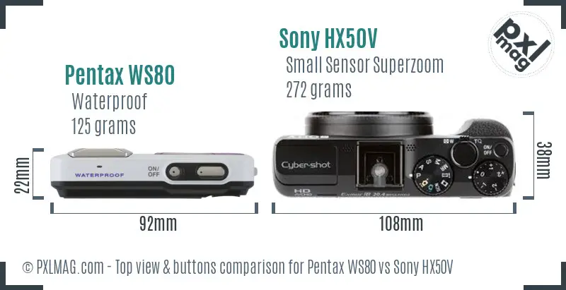 Pentax WS80 vs Sony HX50V top view buttons comparison