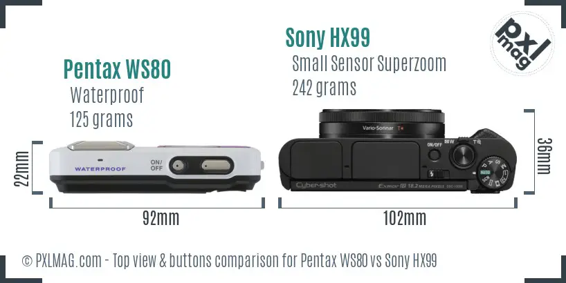 Pentax WS80 vs Sony HX99 top view buttons comparison