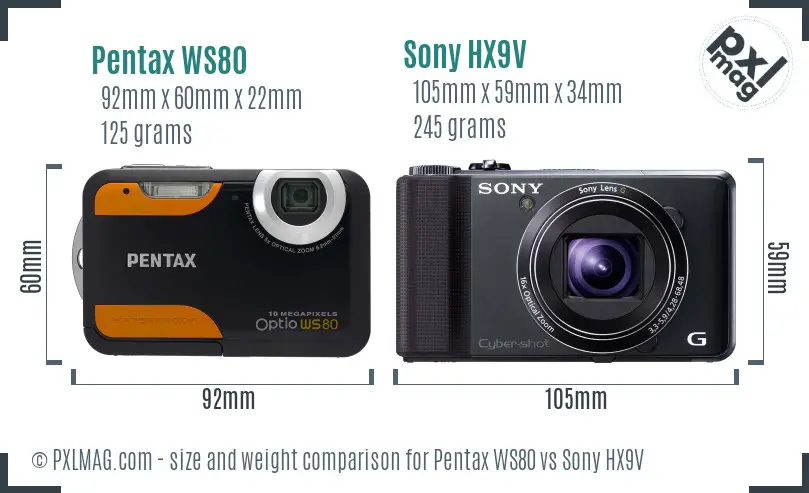 Pentax WS80 vs Sony HX9V size comparison