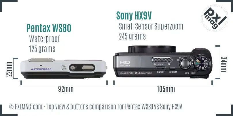 Pentax WS80 vs Sony HX9V top view buttons comparison
