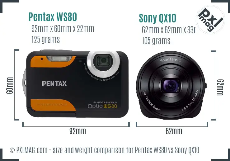 Pentax WS80 vs Sony QX10 size comparison