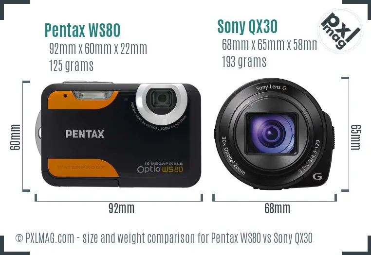 Pentax WS80 vs Sony QX30 size comparison