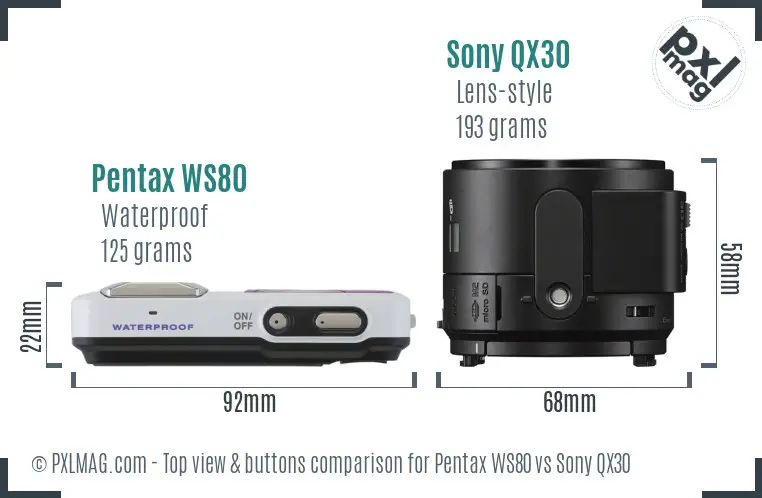 Pentax WS80 vs Sony QX30 top view buttons comparison