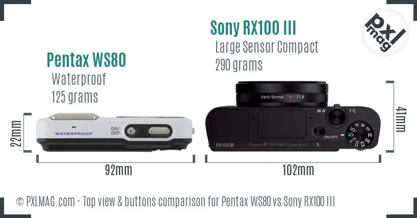 Pentax WS80 vs Sony RX100 III top view buttons comparison Pentax WS80 vs Sony RX100 III top view buttons comparison