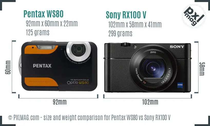 Pentax WS80 vs Sony RX100 V size comparison
