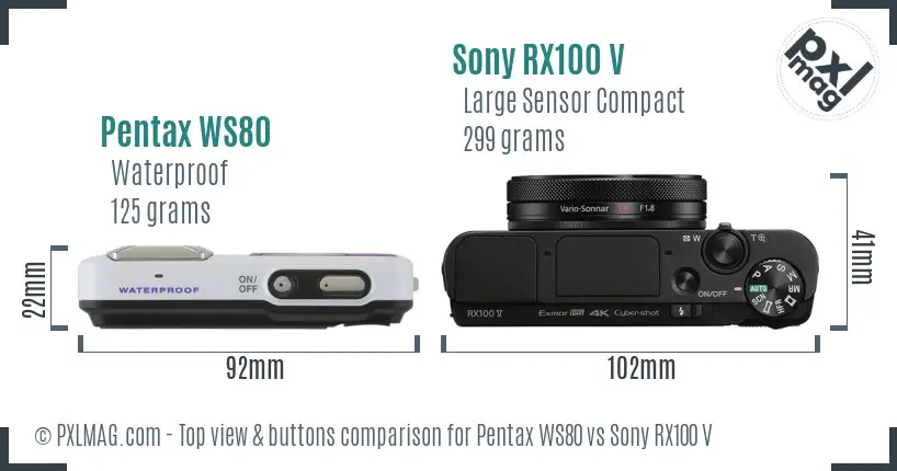 Pentax WS80 vs Sony RX100 V top view buttons comparison