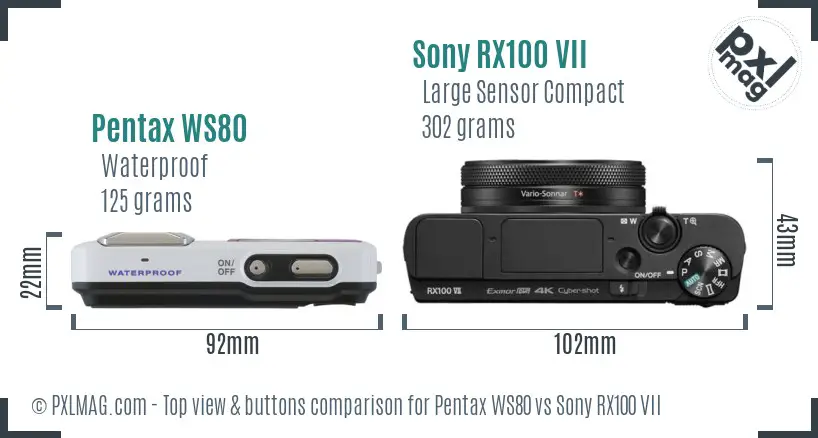 Pentax WS80 vs Sony RX100 VII top view buttons comparison