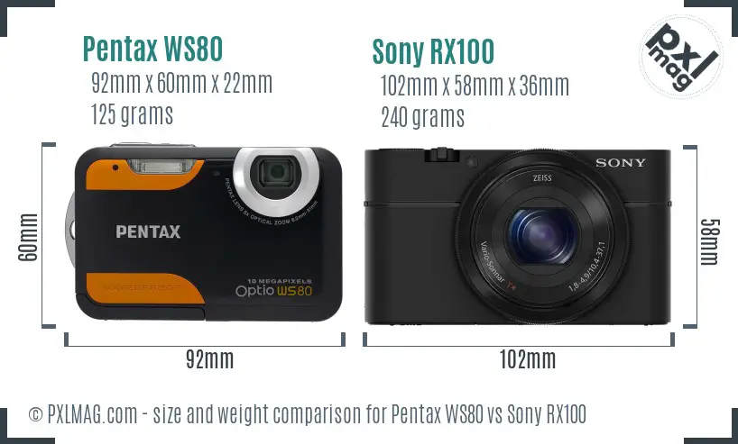 Pentax WS80 vs Sony RX100 size comparison