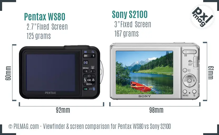 Pentax WS80 vs Sony S2100 Screen and Viewfinder comparison