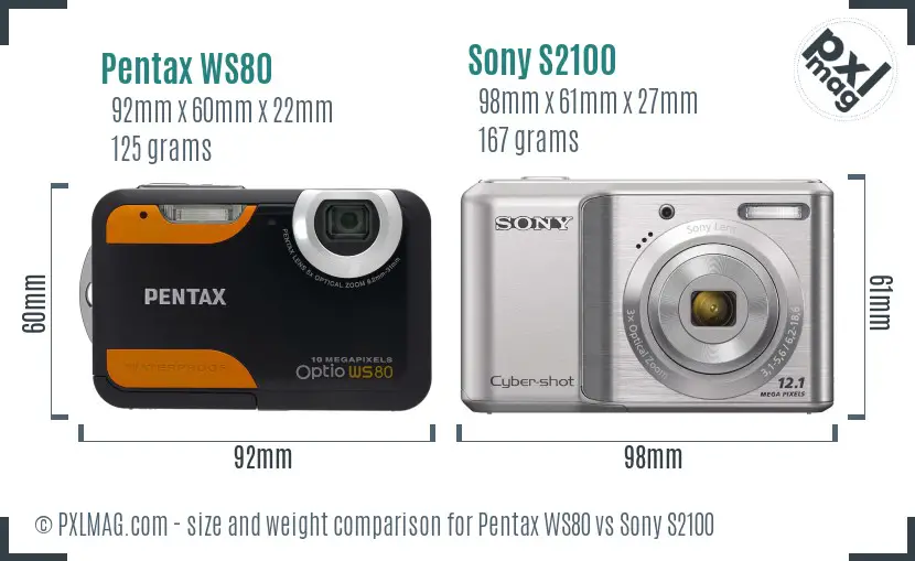 Pentax WS80 vs Sony S2100 size comparison