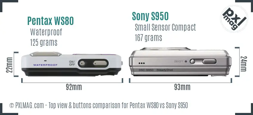 Pentax WS80 vs Sony S950 top view buttons comparison Pentax WS80 vs Sony S950 top view buttons comparison