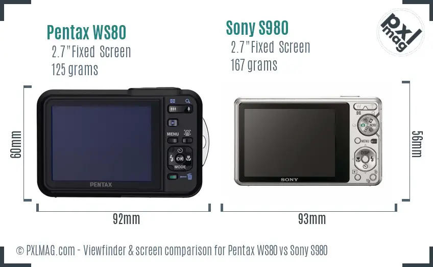 Pentax WS80 vs Sony S980 Screen and Viewfinder comparison