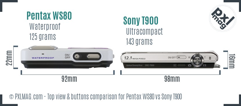 Pentax WS80 vs Sony T900 top view buttons comparison