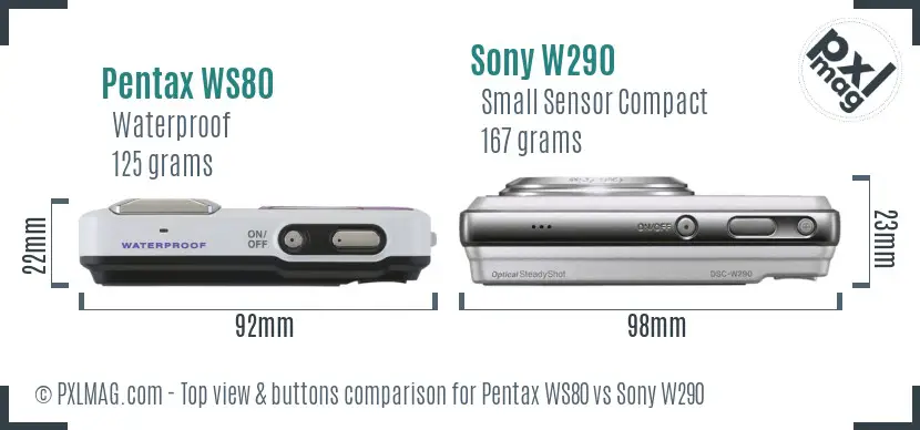 Pentax WS80 vs Sony W290 top view buttons comparison Pentax WS80 vs Sony W290 top view buttons comparison