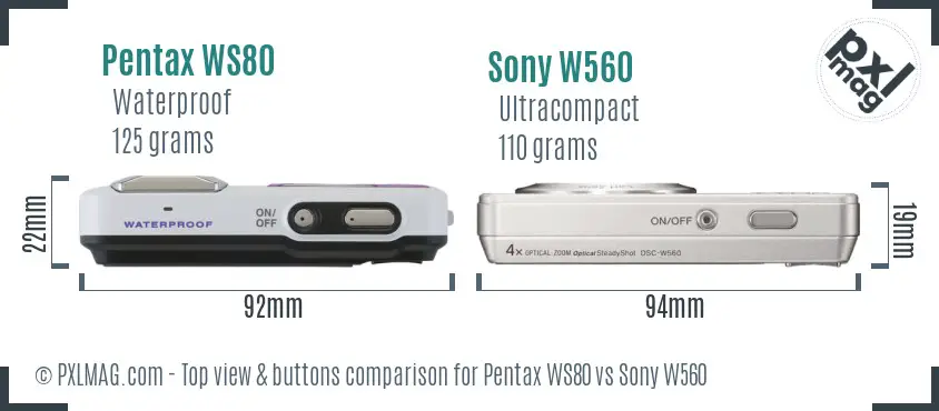Pentax WS80 vs Sony W560 top view buttons comparison