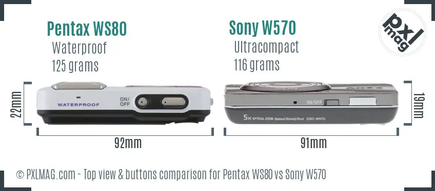 Pentax WS80 vs Sony W570 top view buttons comparison