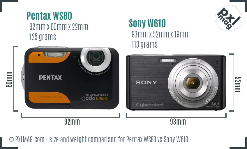 Pentax WS80 vs Sony W610 size comparison