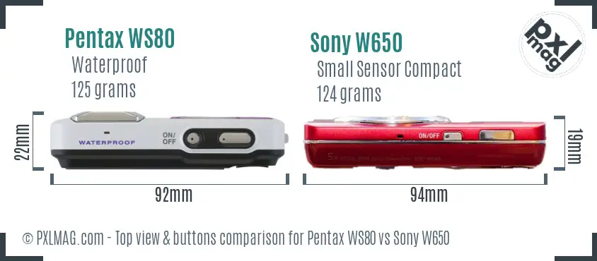 Pentax WS80 vs Sony W650 top view buttons comparison Pentax WS80 vs Sony W650 top view buttons comparison