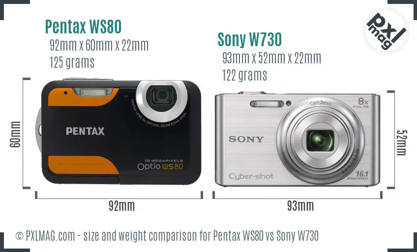 Pentax WS80 vs Sony W730 size comparison